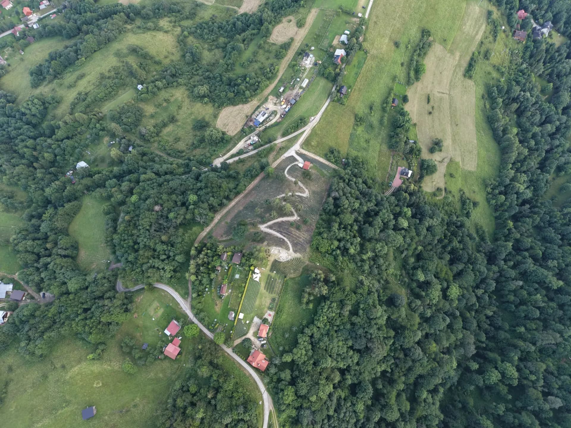 Krajobraz Bereśnika z lotu ptaka - lasy, pola i plantacja lawendy na stoku wzgórza