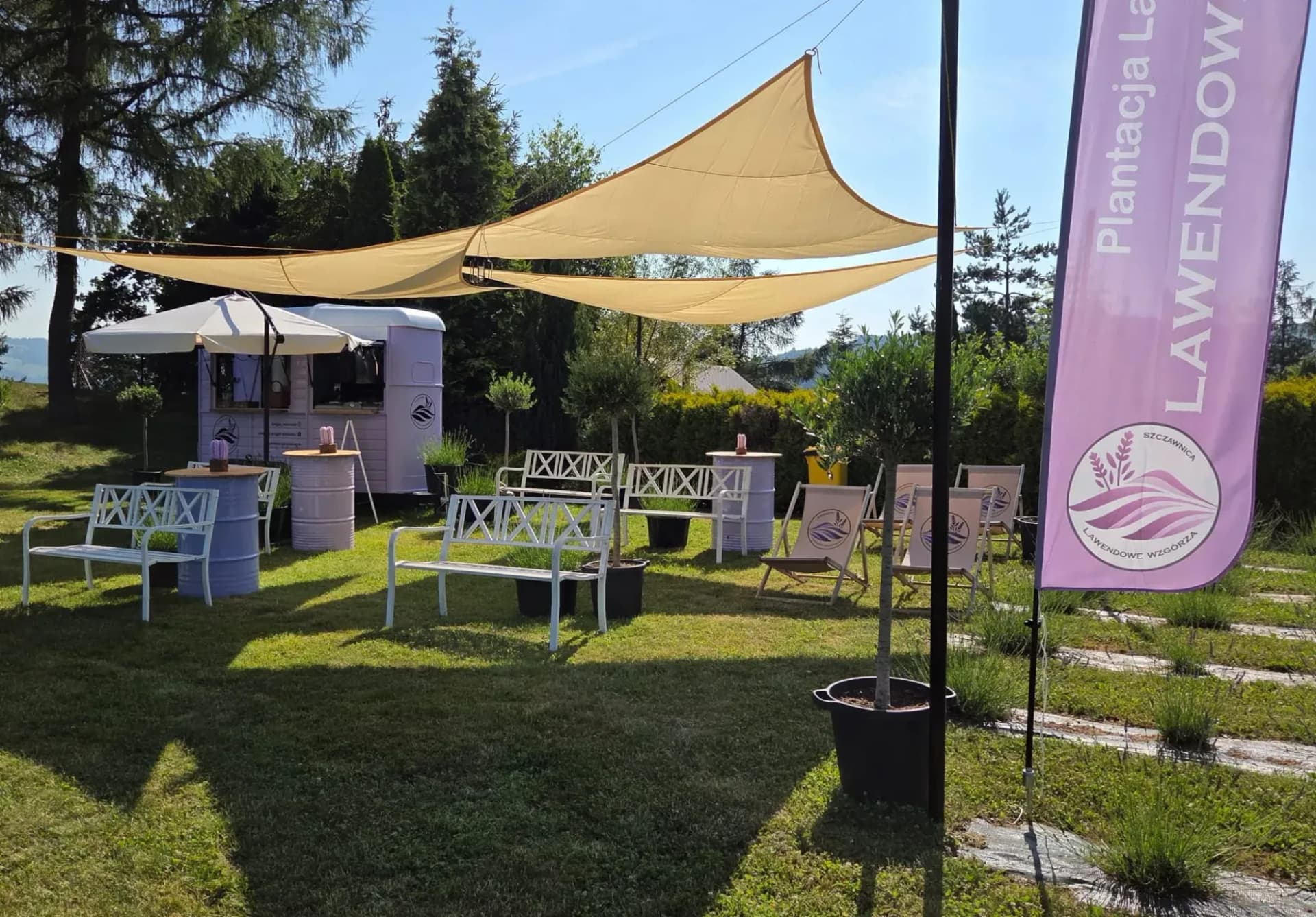 Leżaki i ławki pod żaglami przeciwsłonecznymi obok kawiarni w food trucku